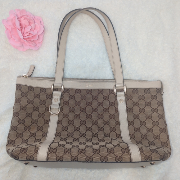 Gucci Handbags - Gucci Cream and Brown Monogram GG Abbey Tote Medium Bag Purse Trendy EUC